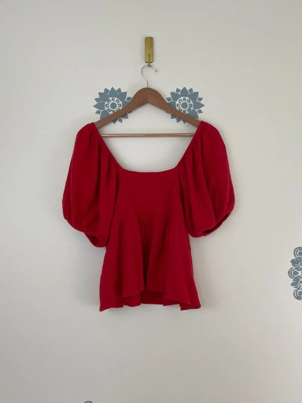 Madewell Red Dot Puff Sleeve Square Neck Peplum Top Size Small